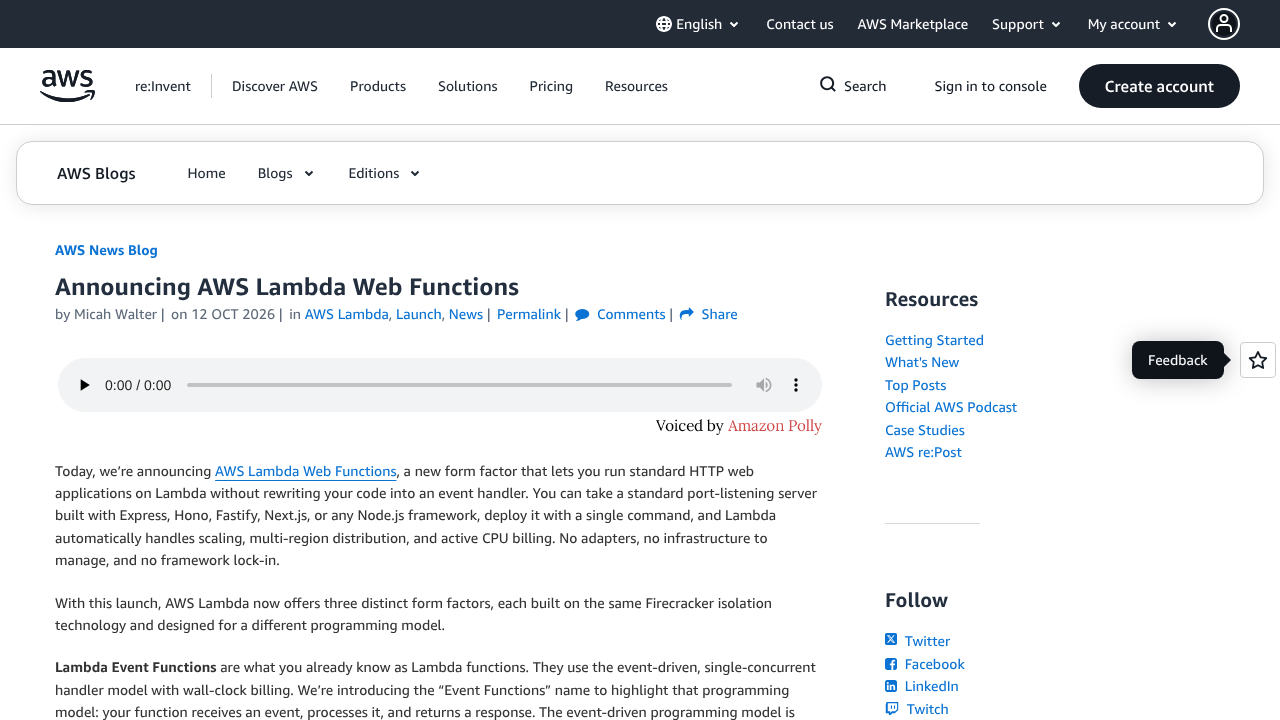 AWS News Blog の発表記事「Announcing AWS Lambda Web Functions」