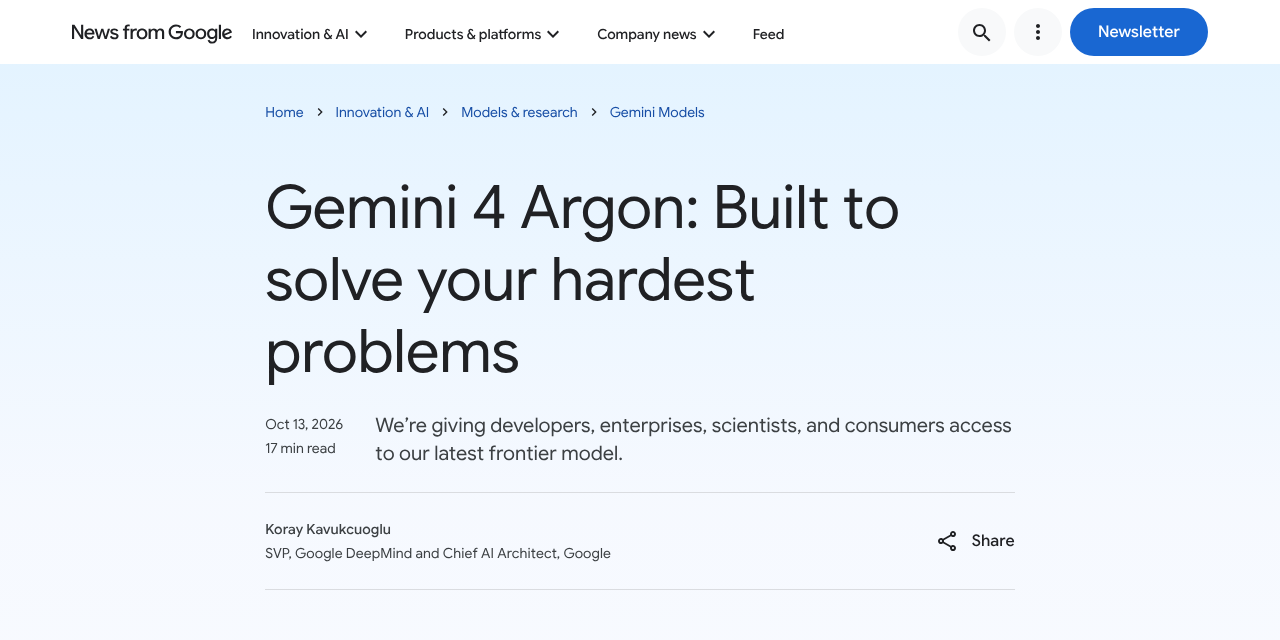 Google の発表ページ「Gemini 4 Argon: Built to solve your hardest problems」