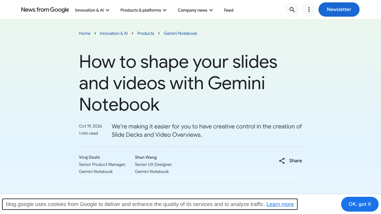 Google の発表ページ「How to shape your slides and videos with Gemini Notebook」