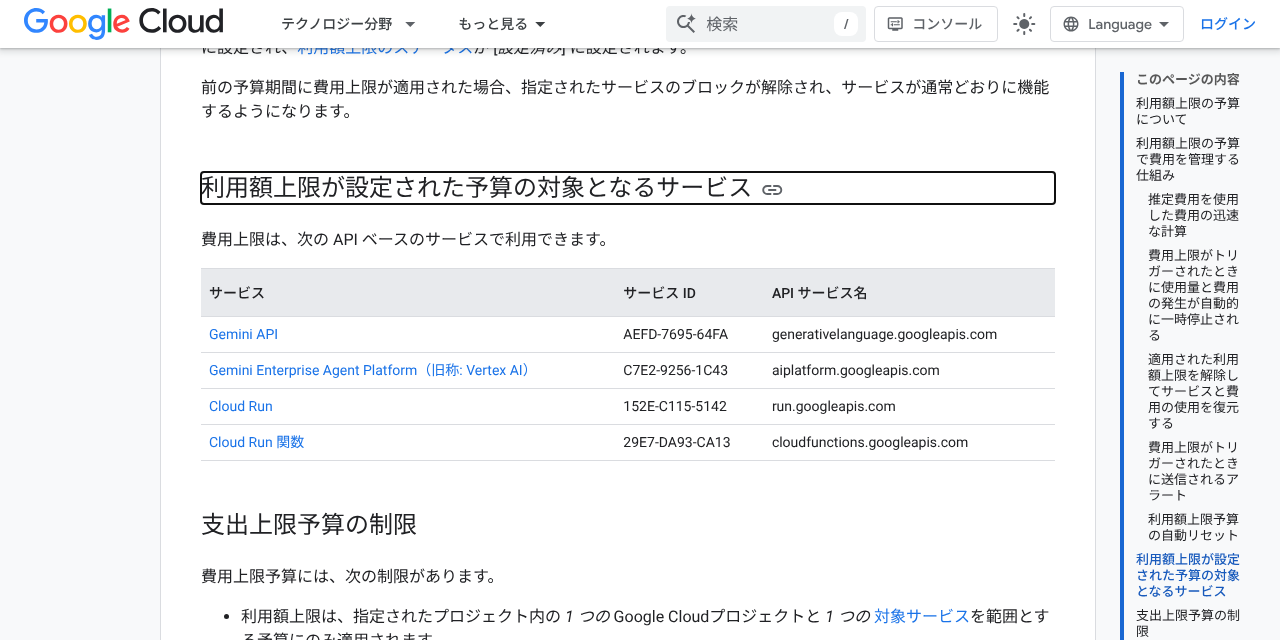 利用額上限予算の対象サービスを示す Google Cloud ドキュメント