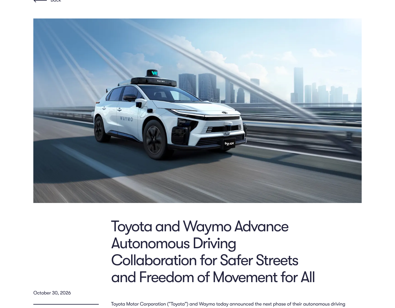 Waymo のブログの発表ページ。Waymo の自動運転タクシー仕様の bZ4X の写真と記事のタイトル