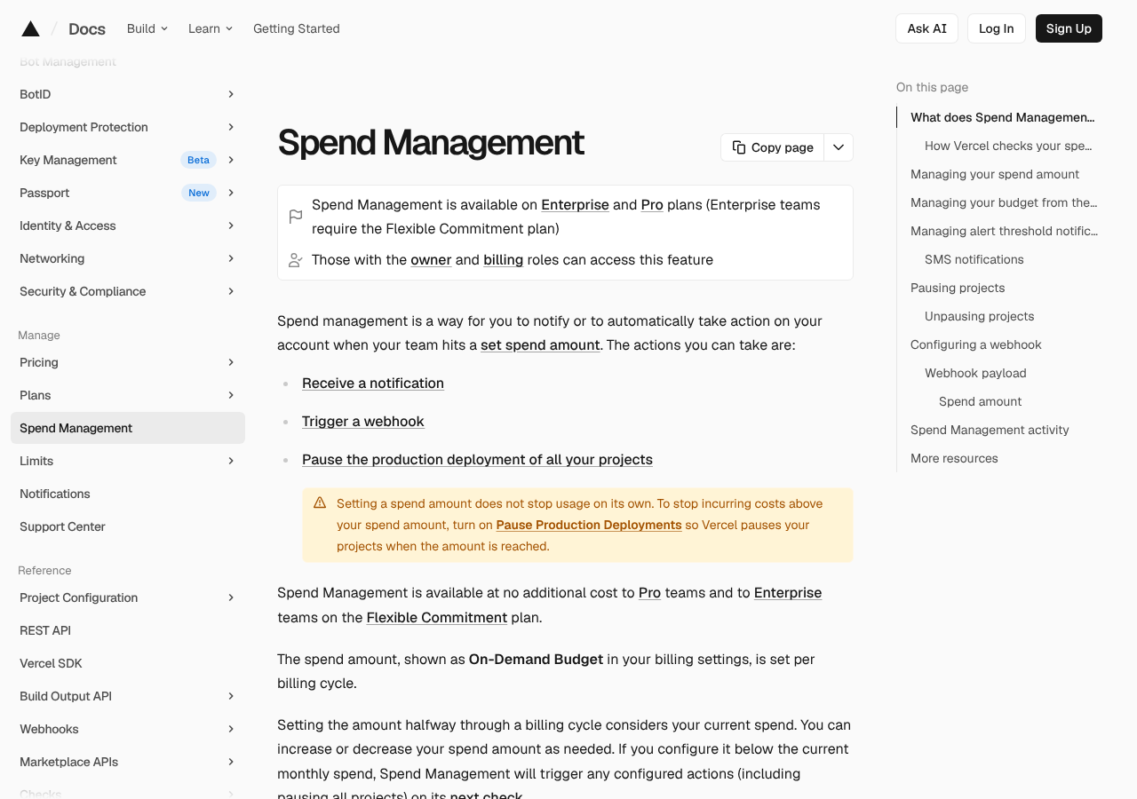 Vercel 公式ドキュメント「Spend Management」の画面