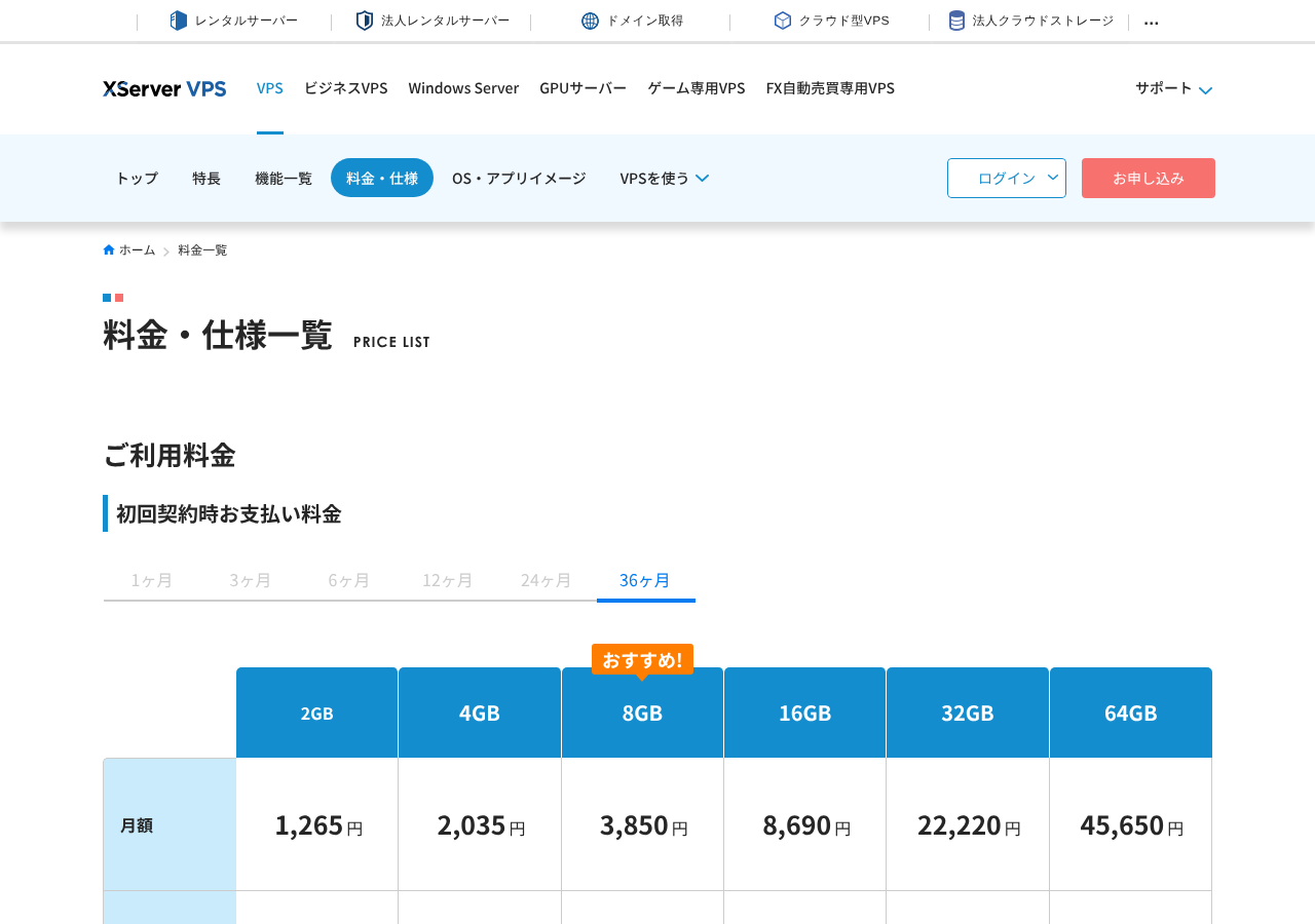 XServer VPS 公式サイトの料金・仕様一覧ページ