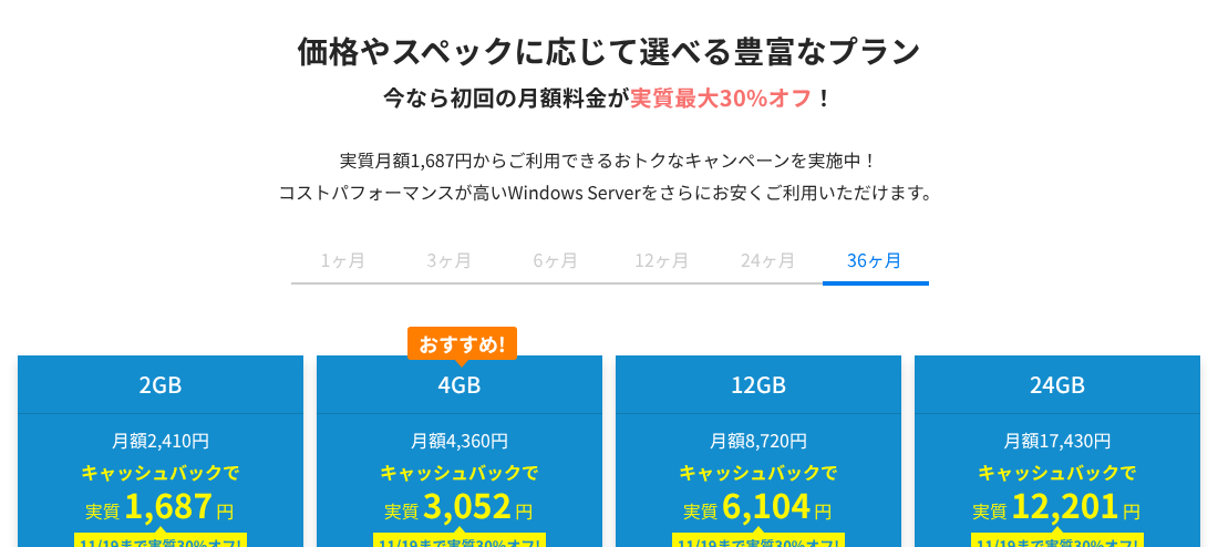 契約期間「36ヶ月」の料金表示